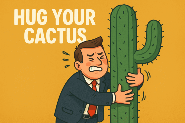 affrontare-difficolta-aziendali-marketing Illustrazione creativa di un imprenditore che abbraccia un cactus, simbolo delle difficoltà aziendali affrontate con il marketing