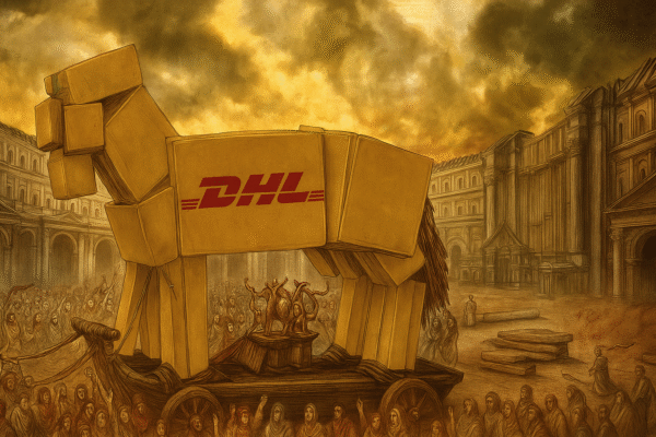 Illustrazione in stile storico che rappresenta una campagna di guerrilla marketing DHL con un cavallo di Troia costruito con scatole da spedizione