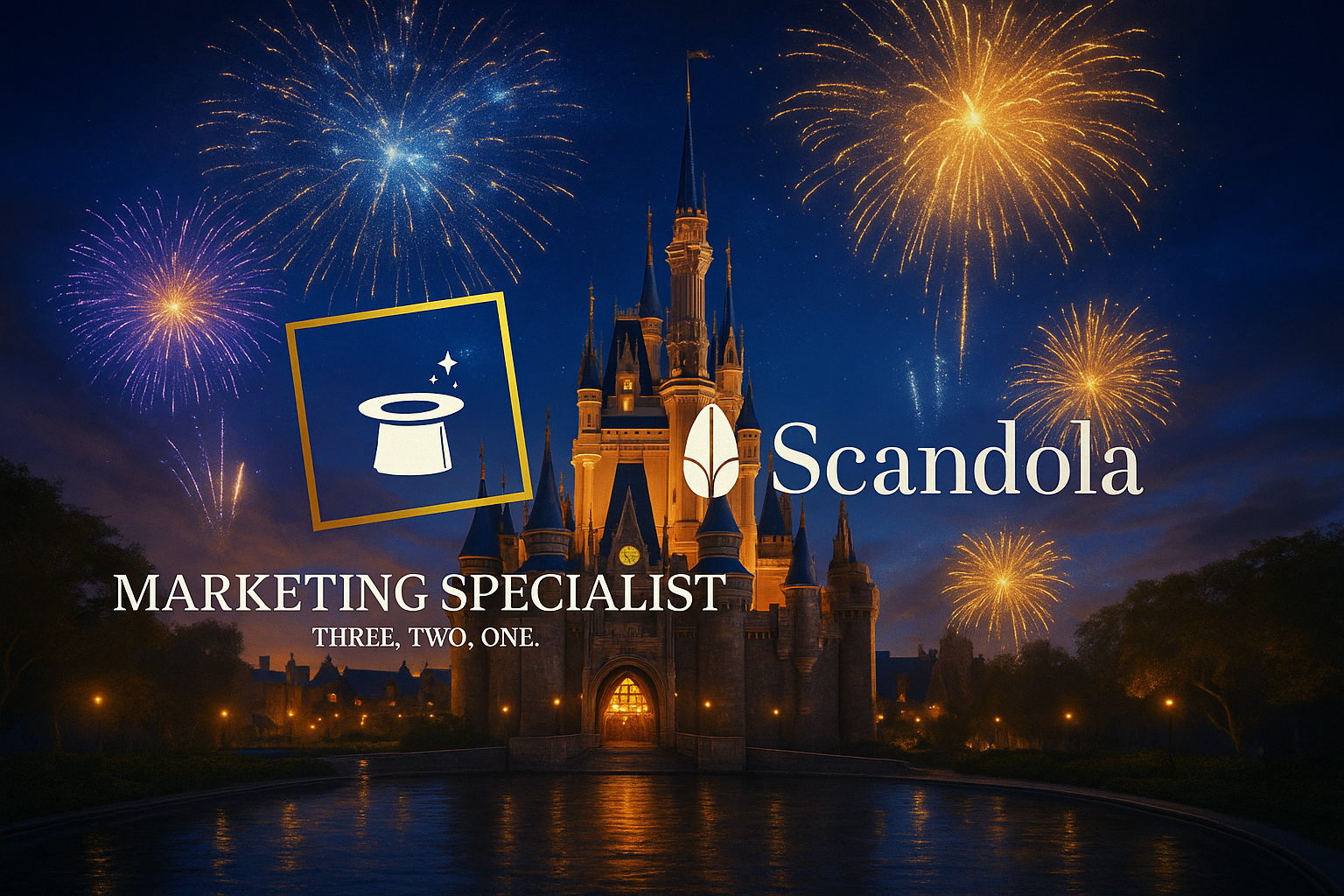Formazione Marketing Specialist Scandola: un'immagine evocativa con fuochi d'artificio e loghi integrati in un paesaggio da favola, simbolo di un percorso formativo di successo.