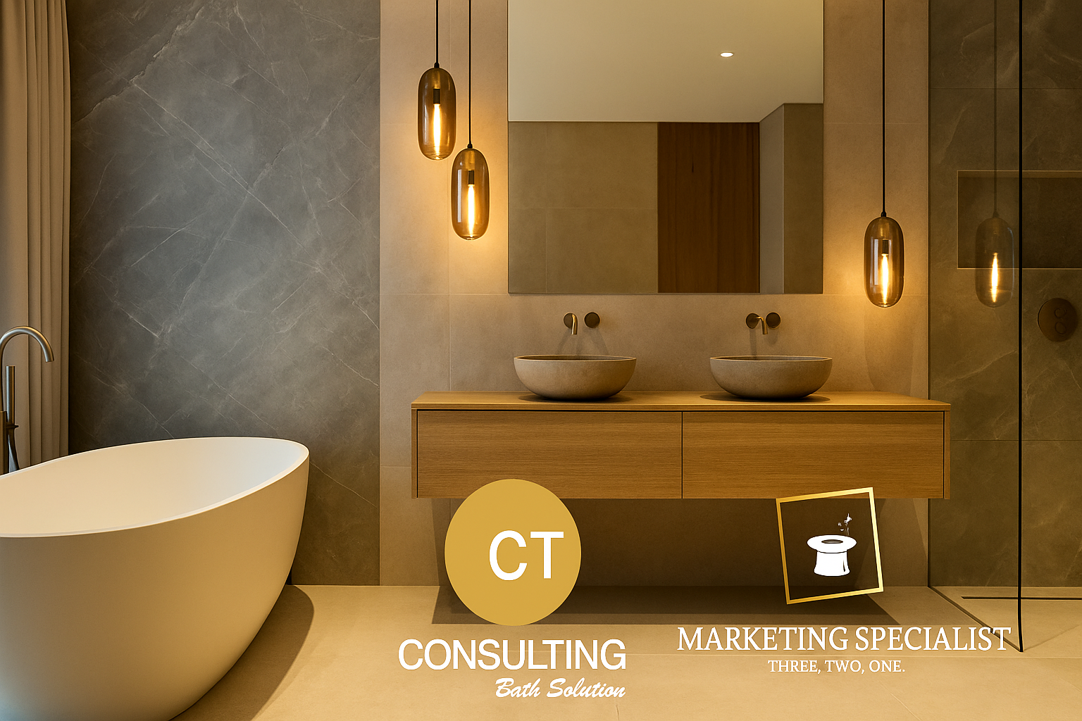Interni bagno di design con loghi CT Consulting e Marketing Specialist a rappresentare il percorso di formazione marketing svolto da Allegra