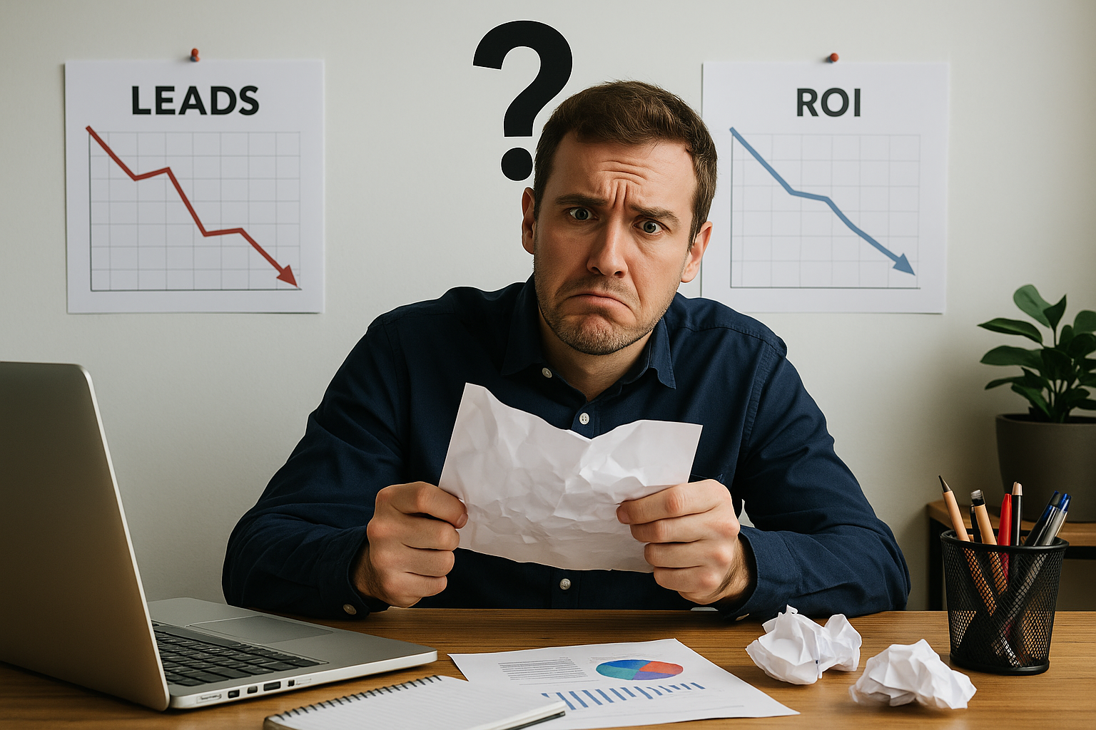Imprenditore confuso davanti a grafici in calo di ROI e lead generation, simbolo della mancanza di controllo sulle statistiche marketing.