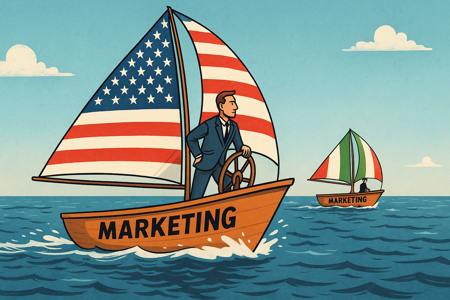 Illustrazione metaforica del marketing interno nelle PMI: gli USA navigano veloci mentre l’Italia arranca. Il divario nella cultura del marketing tra piccole imprese italiane e americane.